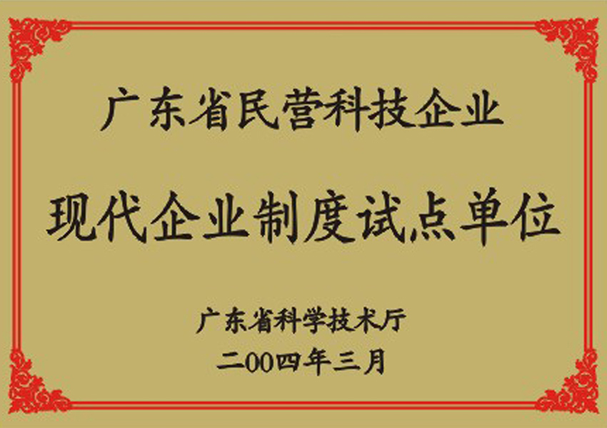 2004年廣東省民營科技企業(yè)現(xiàn)代企業(yè)制度試點(diǎn)單位證書